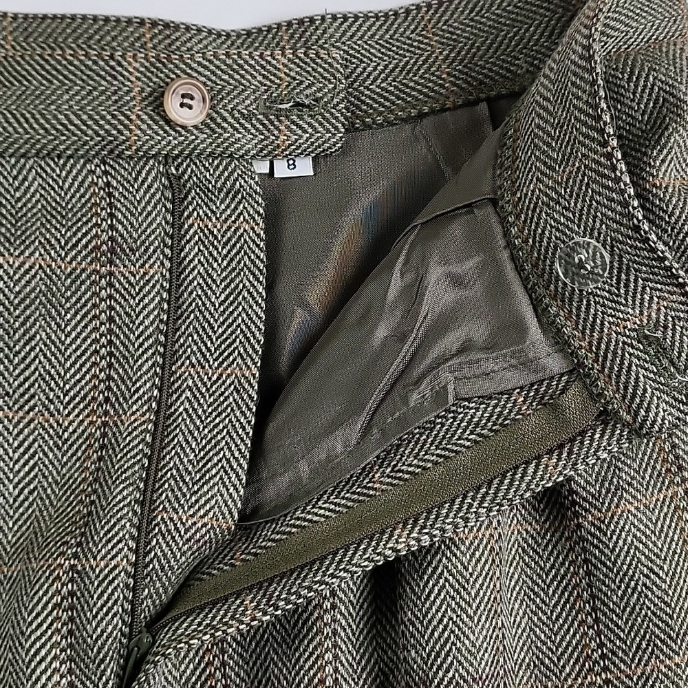 Vintage 80s Talbots Wool Blend Olive Green Plaid Tweed Pleated Pencil Midi Skirt - Picture 6 of 16